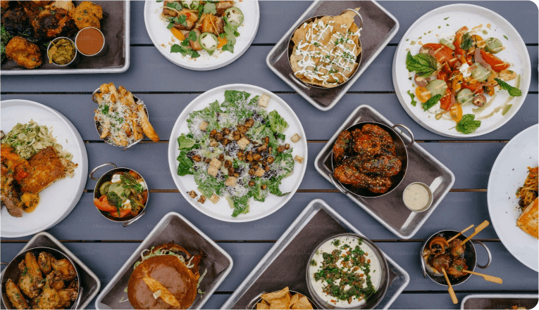 Catering setup with various dishes displayed elegantly