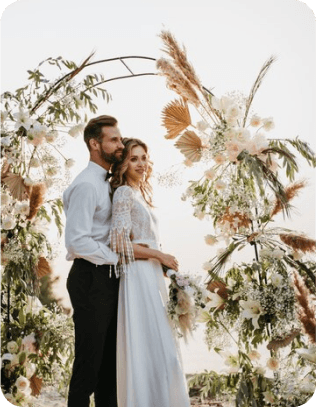 Bride and groom posing during a wedding photo shoot